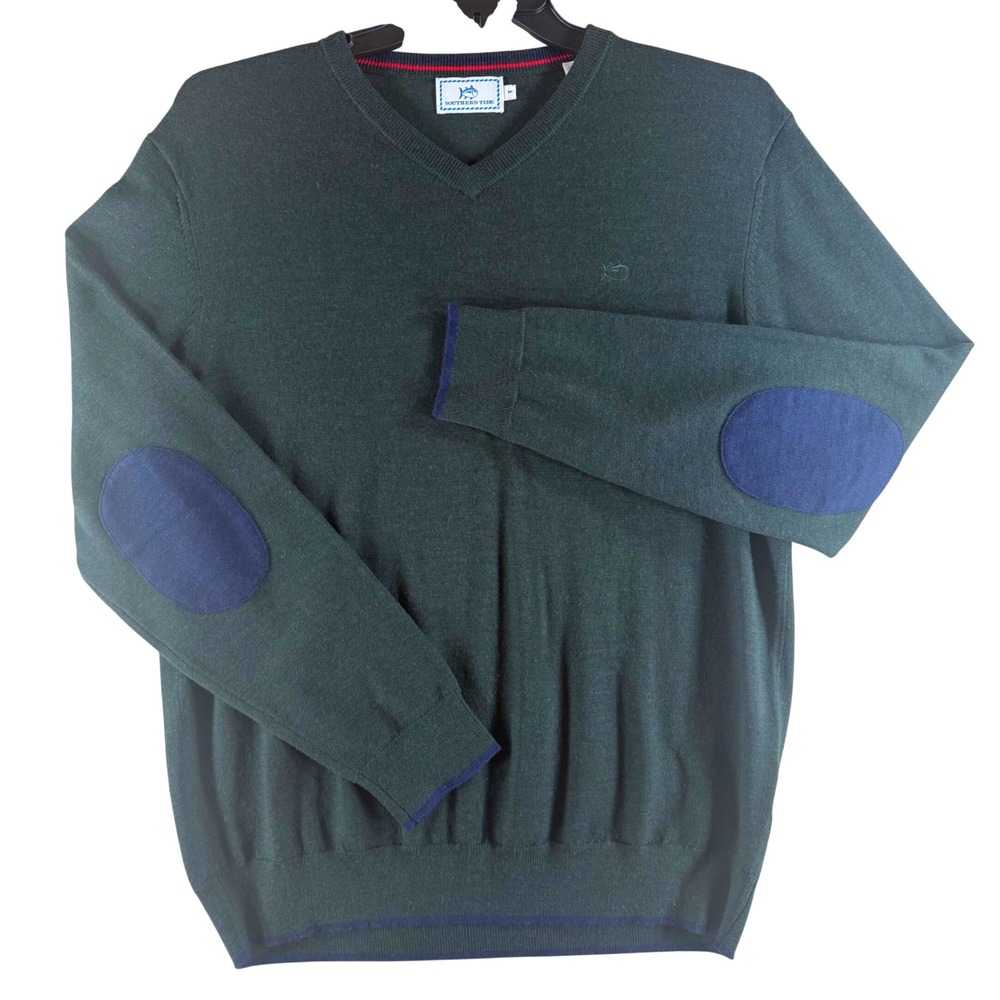 Southern Tide Sweater Medium Merino Wool V-Neck Elbow Patch Green 15641-2593